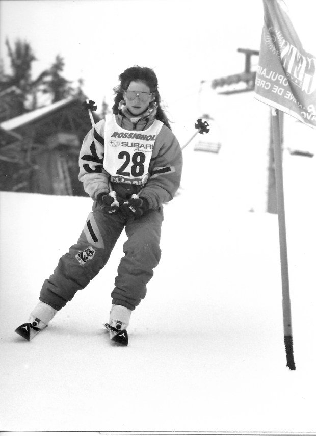 This is my favourite photo. The glasses, the loose hair, the outfit, the kit, the 'tuck', the inside ski, the outside ski...