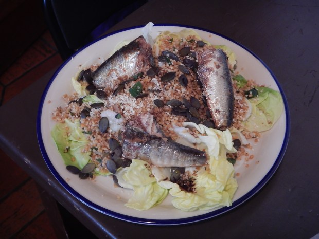 I love tinned sardines - pretty cheap, and they are full of protein and healthy fats. I also added some pumpkin and sesame seeds, and a bit of avocado. Whatever I could find!
