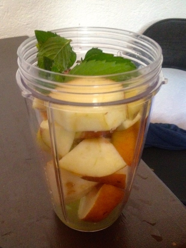 All the ingredients into the Nutribullet, water up to the max line and BLITZ!