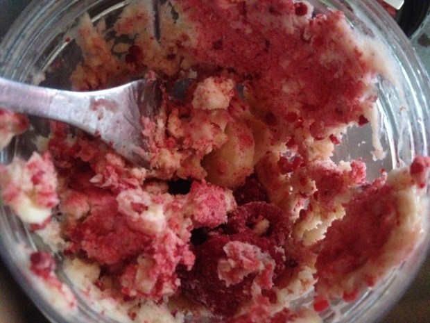 Crushing the raspberries and bananas together my trusty Nutribullet